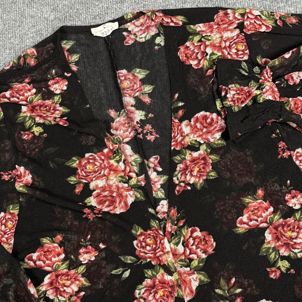 Ember Kimono Womens Medium Black Red Floral Sheer Tie Front Long Sleeve Boho Top